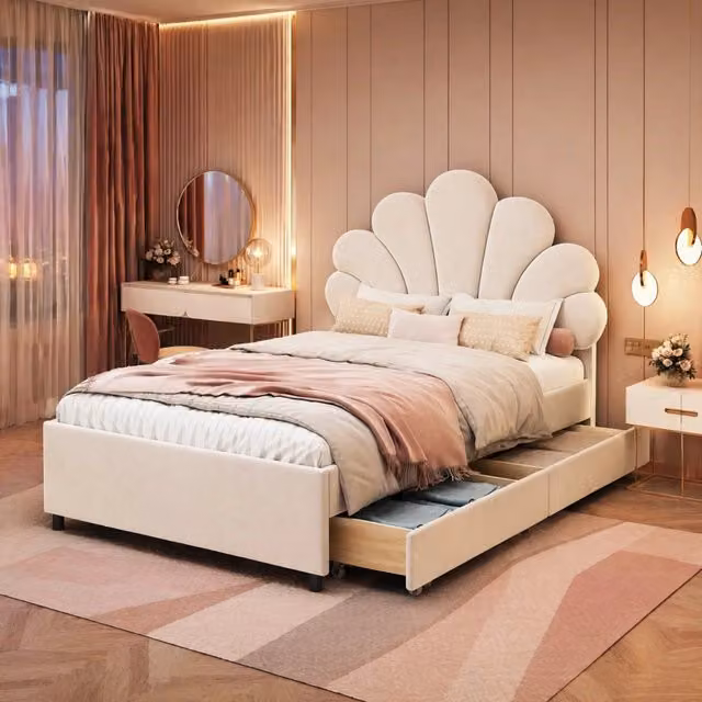 Letto Mivray con cassetti e testiera a petalo in velluto beige, L/P/H: 90 x 200 x 116 cm