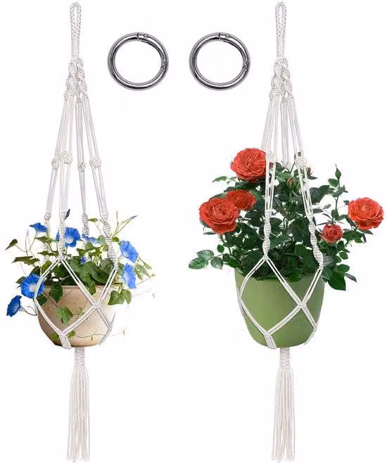Set per cesto sospeso in macramè e plastica con 2 corde di cotone beige e 2 ganci rotondi, per interni, esterni, giardino e balcone