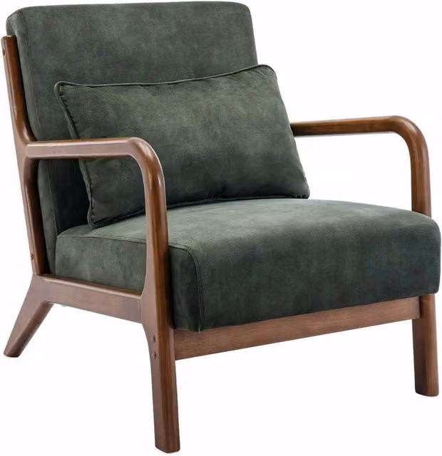 Poltrona scandinava Sweeek in velluto verde con struttura in legno di hevea tinto noce scuro – 1