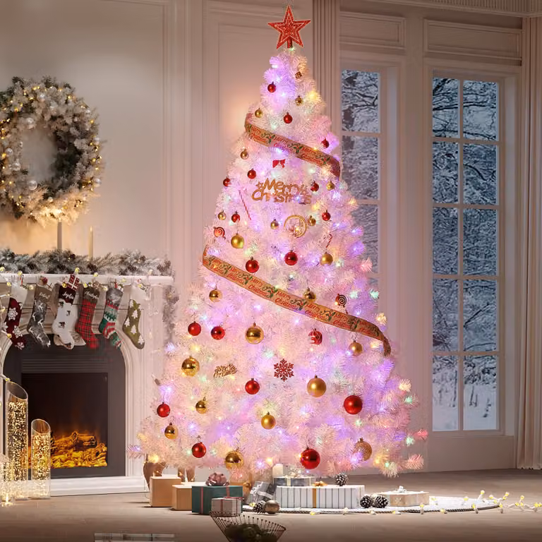 Albero di Natale artificiale, altezza 225 cm (7.5 piedi), colore verde naturale, con rami fitti e illuminazione LED. Montaggio a cerniera, con supporto in metallo