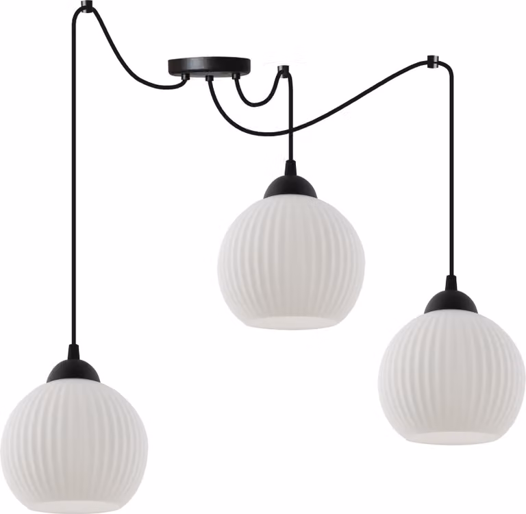 Lampada a sospensione Spider Riffle nera a 3 luci con paralumi a sfera bianchi E27