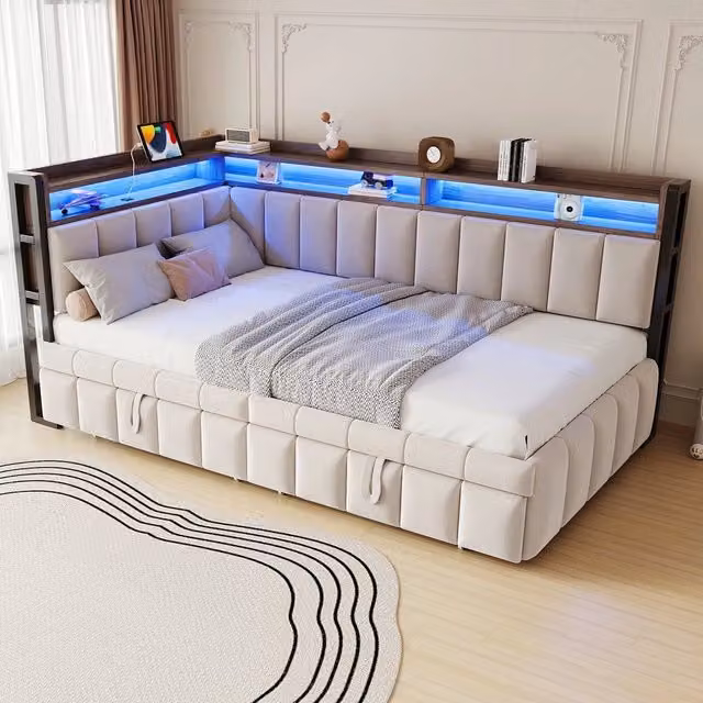 Letto imbottito 90x200 con giroletto LED e cassetti ¨C Minimal ¨C velluto beige