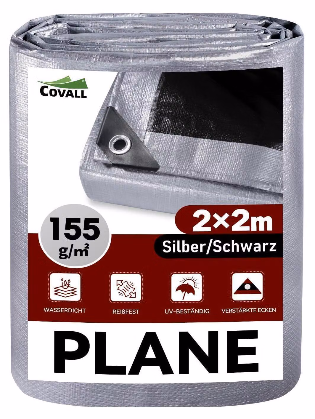 Telo protettivo con occhielli, dimensioni 2x2 metri, colore argento/nero, peso 155 g/m², impermeabile, stabilizzato contro i raggi UV, resistente allo strappo