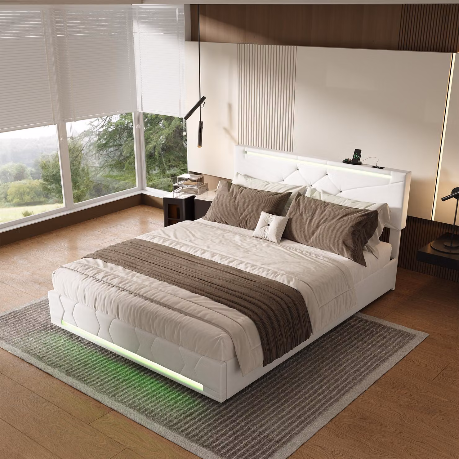 UnboxG letto imbottito 160x200 cm | letto contenitore con LED, USB e Type-C | letto giovanile letto matrimoniale, idraulico, lino, beige