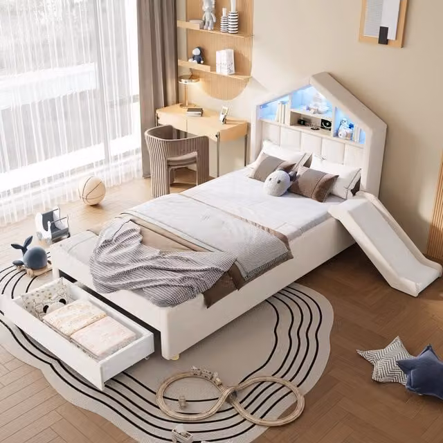 Letto per bambini 90 × 200 cm con scivolo reversibile, LED, presa di ricarica e cassetto, senza materasso, beige