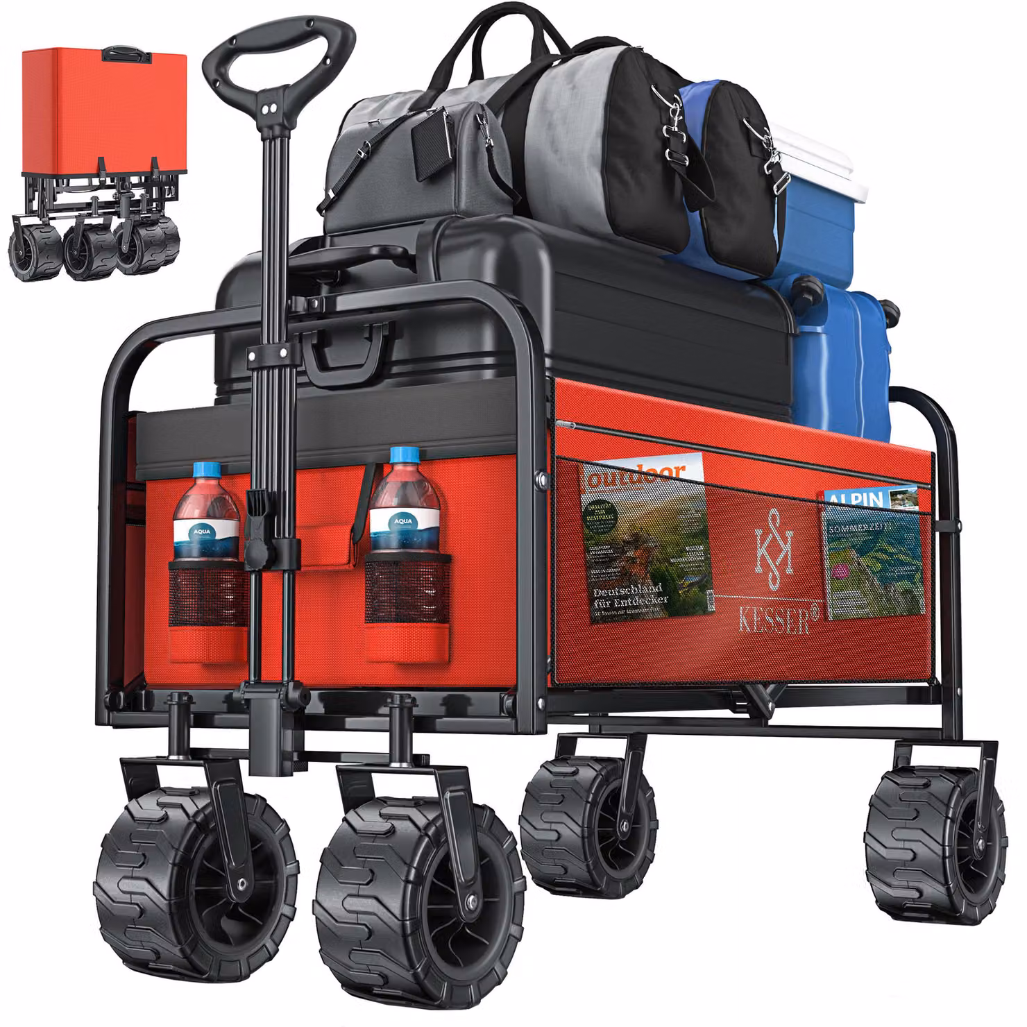 Carretto pieghevole KESSER® con ruote larghe | carrello a mano | carrello da trasporto | carrello per attrezzi | incl. 2 borse a rete | pieghevole | ruote in plastica | portata fino a 150 kg | carrello da trasporto | rimorchio da giardino