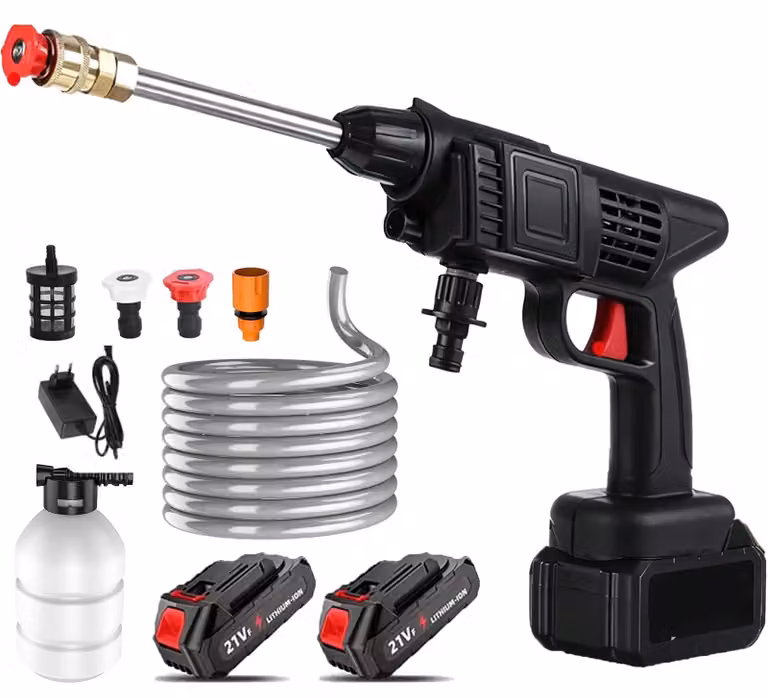 Idropulitrice – Pistola a getto d'acqua senza fili, 21 V – 2 batterie – Accessori – Portatile – Ideale per la pulizia di auto, giardini e pavimenti