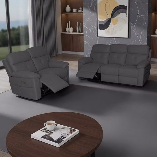 Set di divani Kayde Tezeta da 2 e 3 posti con reclinazione elettrica e ricarica USB in tessuto grigio scuro