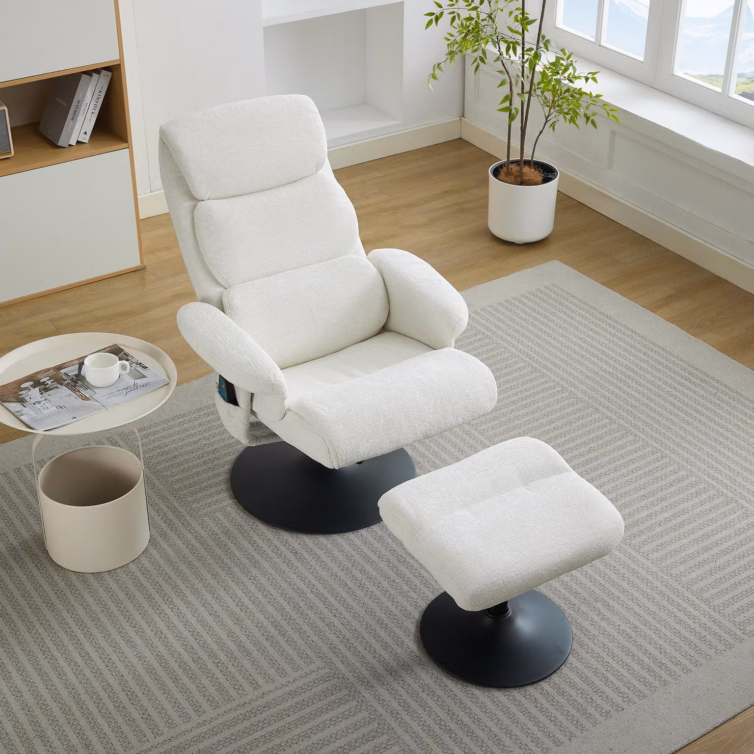 okwish Poltrona relax con riscaldamento elettrico, lettino con poggiapiedi, girevole a 360° con posizione reclinabile e massaggio a 5 punti, poltrona imbottita in ciniglia, bianca