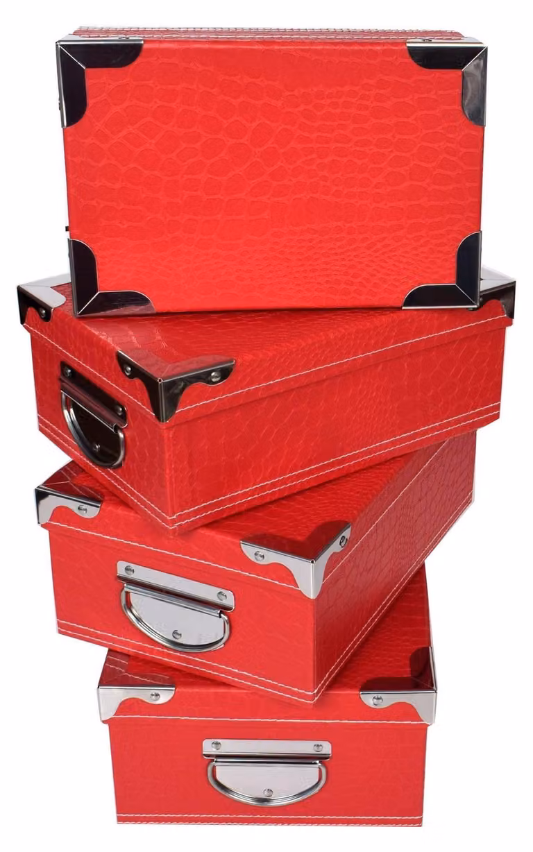 Set di 4 scatole di cartone rosse, con coperchio e maniglie, per l'organizzazione e la conservazione