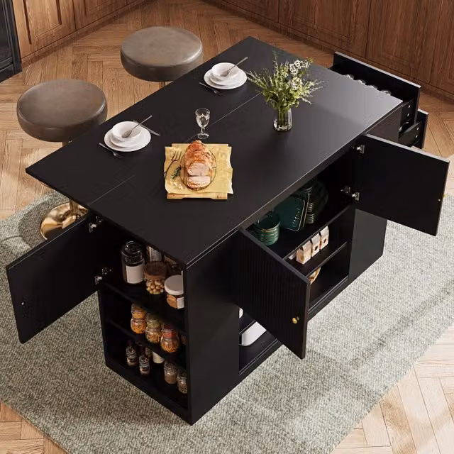 Isola cucina nera con piano pieghevole; cassetti e ripiani; 140 x 40 x 90 cm