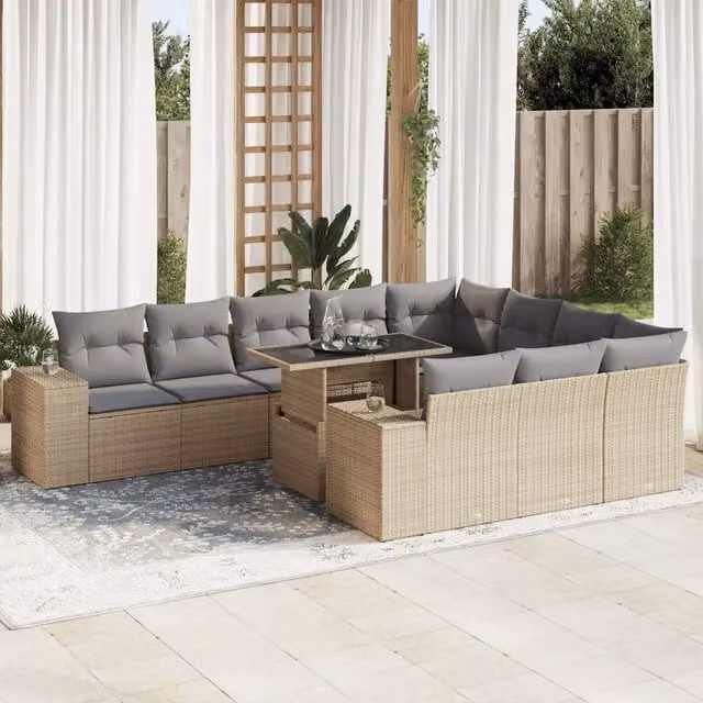 Set di divani da giardino vidaXL composto da 11 pezzi con cuscini beige in polyrattan e struttura in metallo per esterno – 1