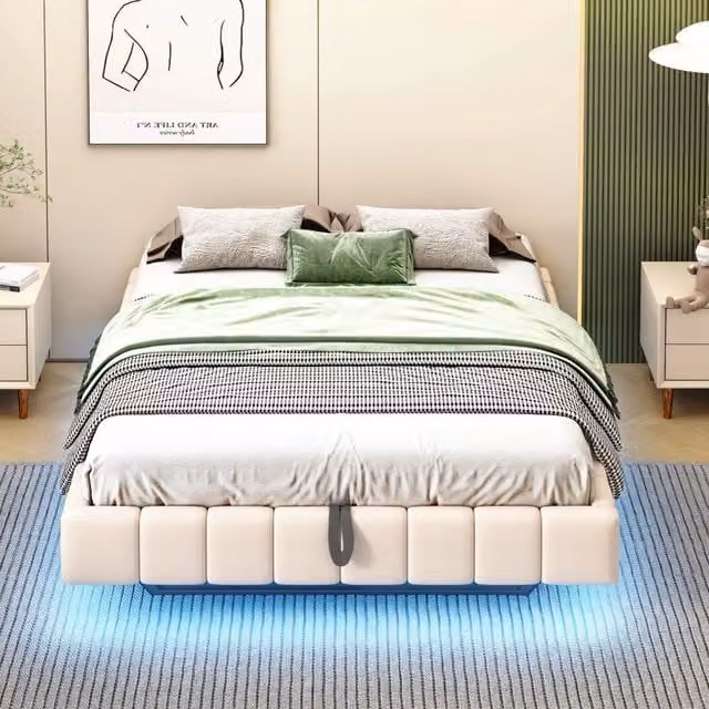 Letto matrimoniale imbottito 140 × 200 cm con contenitore a sollevamento a gas LED in lino beige struttura in metallo