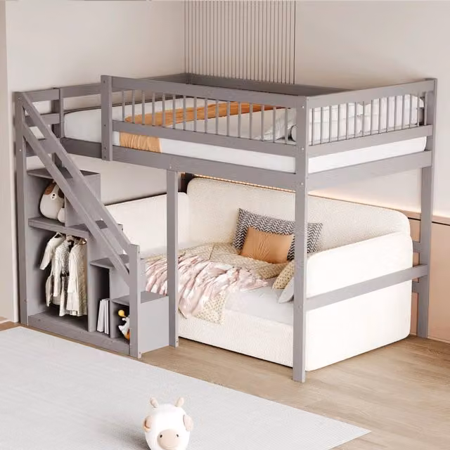 Letto a soppalco 140 × 200 cm 1 posto con scala contenitore e barriera alta, senza materasso, in legno grigio