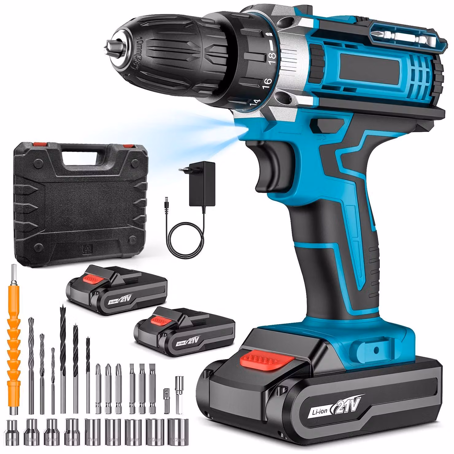 Trapano avvitatore a batteria - Trapano avvitatore a batteria da 21V - 2 velocità - 1350 giri/min - Batteria agli ioni di litio - 2 batterie