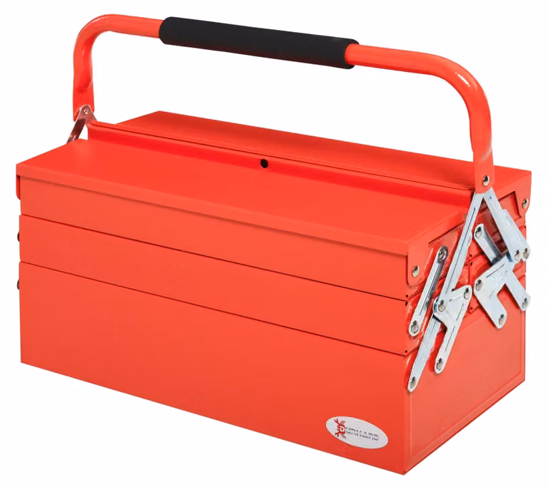 Valigetta per utensili da montaggio - 5 scomparti - Pieghevole - Vuota - Realizzata in metallo - Colore: rosso - Dimensioni: 45 x 20 x 34,5 cm