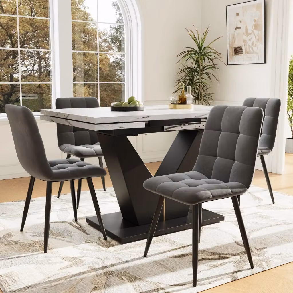 Tavolo da pranzo allungabile OKWISH in MDF e metallo con piano rettangolare, bianco e nero, L: 99 cm, P: 75 cm, H: 75 cm – 2