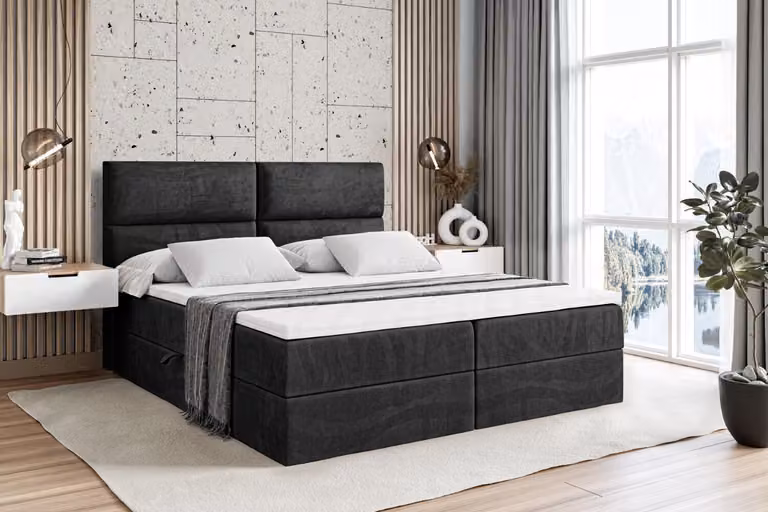 Letto boxspring ALTDECOR con materasso H3 e topper - 140 x 200 cm - BOXI3 - Velluto nero - Letto imbottito con contenitore e rete a doghe, letto con spazio contenitivo
