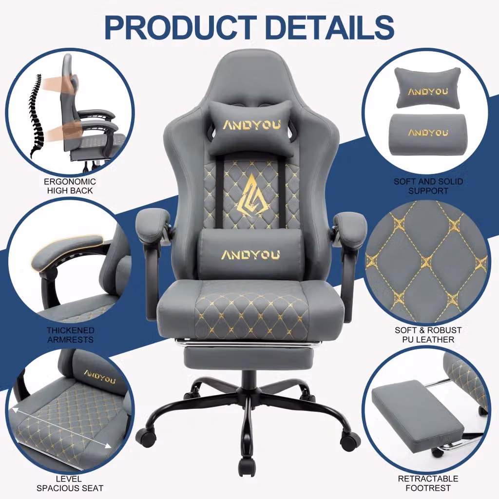 Sedia Gaming Minimal Grigia in Faux Leather con Poggiatesta e Braccioli – 2