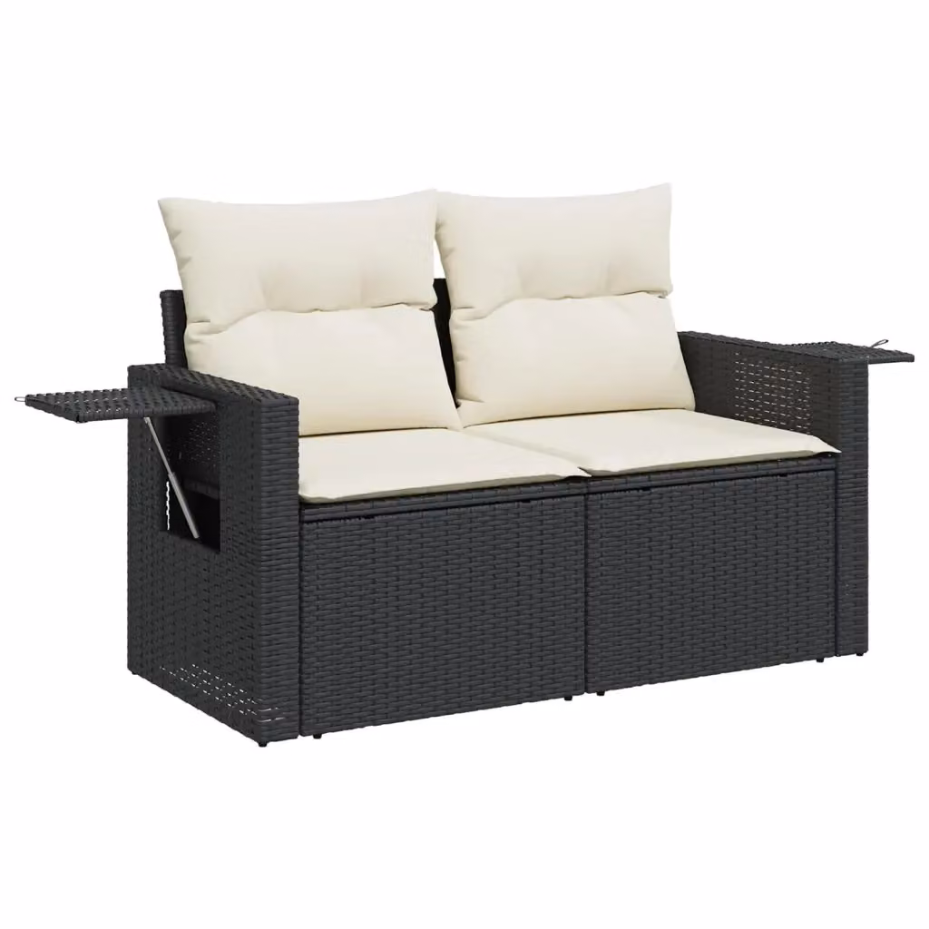 Divano da giardino a 2 posti Design Mania in polyrattan nero con cuscini bianchi e rivestimenti rimovibili – 2