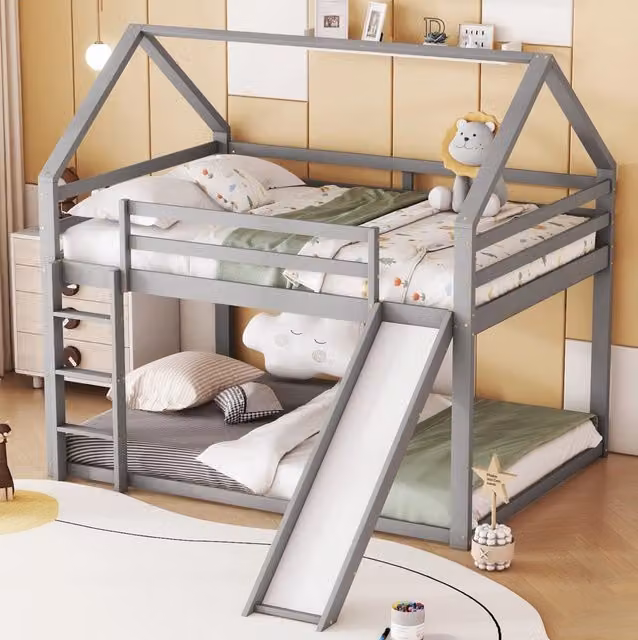 Letto a castello ULEVR 140x200 cm con scivolo e scala intercambiabili, struttura a casetta grigia