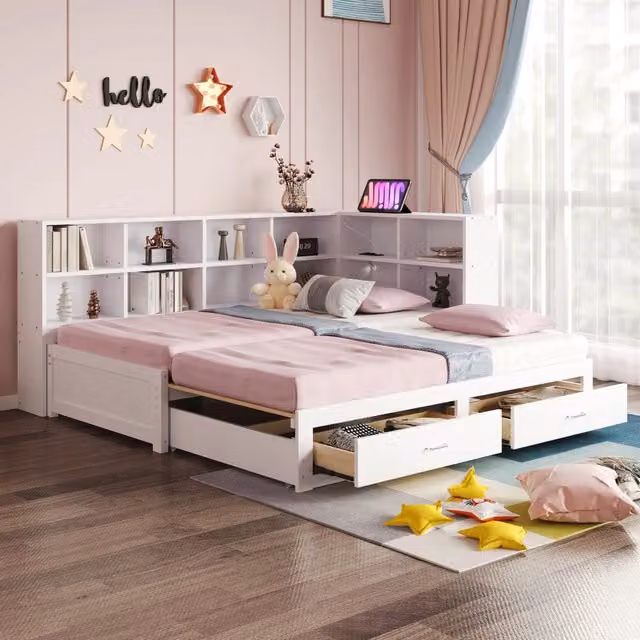 Divano letto in legno massello 90x190 cm bianco, estraibile fino a 180x190 cm, con cassetti