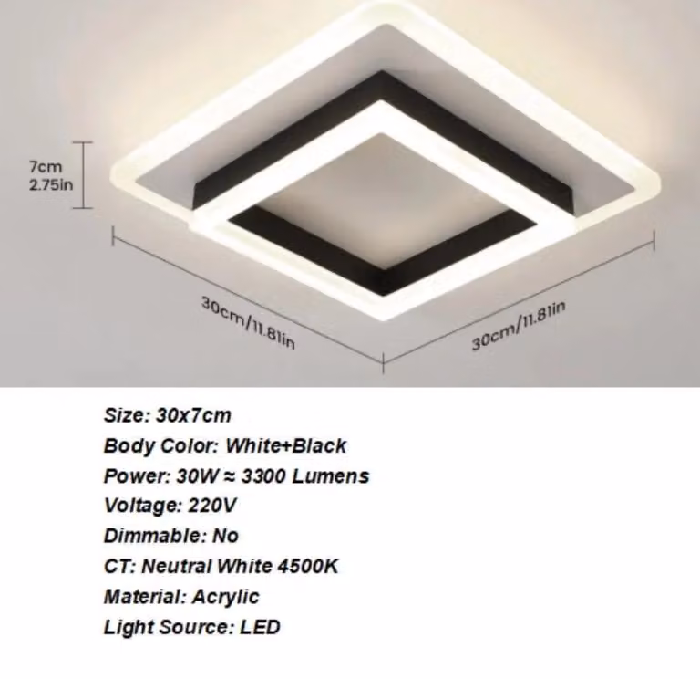 Pannello LED quadrato - Modello A7011 - Lampada a soffitto - 30 W - Bianco neutro 4000 K - Nero - Adatto per ambienti da 10 a 15 m² - Non dimmerabile