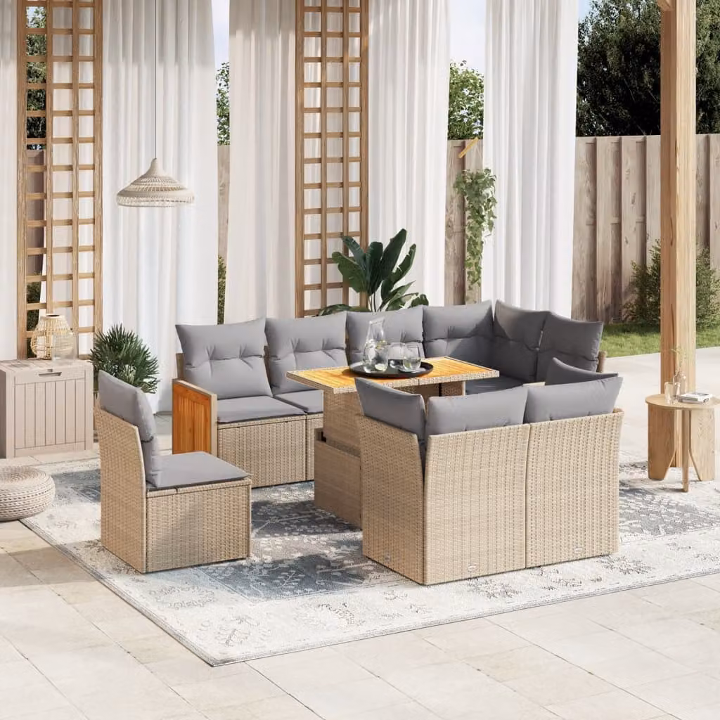 vidaXL Set Divano da Giardino 9 pz in Polyrattan Beige con Cuscini e Tavolino da Esterno – 1