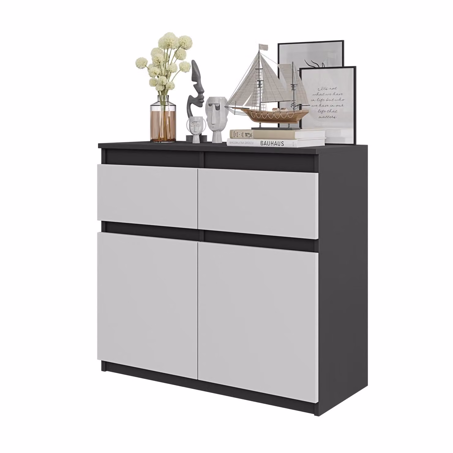 Comodà da 80 cm, antracite/bianco opaco, 2 cassetti, 2 ante, 2 ripiani, soggiorno