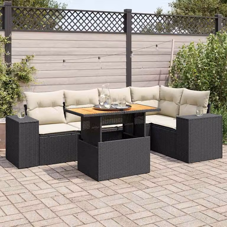 Set Divano da Giardino vidaXL 6 pz in Polyrattan e Legno di Acacia Oliato, Nero e Bianco