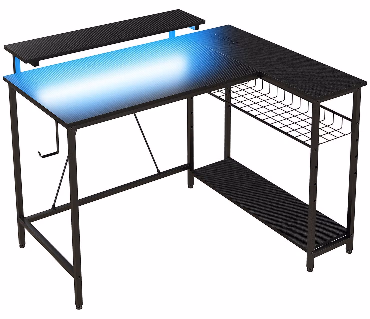 Scrivania a forma di L con illuminazione LED, porte USB e prese di corrente | Colore: Nero | Dimensioni: 107x80x90 cm