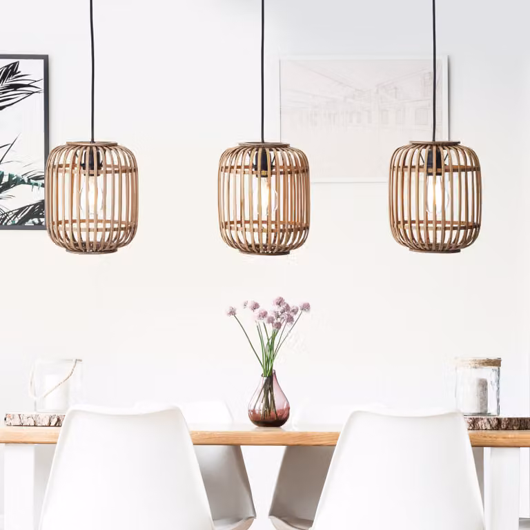 BRILLANTE Luce a sospensione Woodrow | luce a sospensione in stile naturale | 125 cm | metallo/rattan | marrone chiaro | 3x E27 max. 60 W