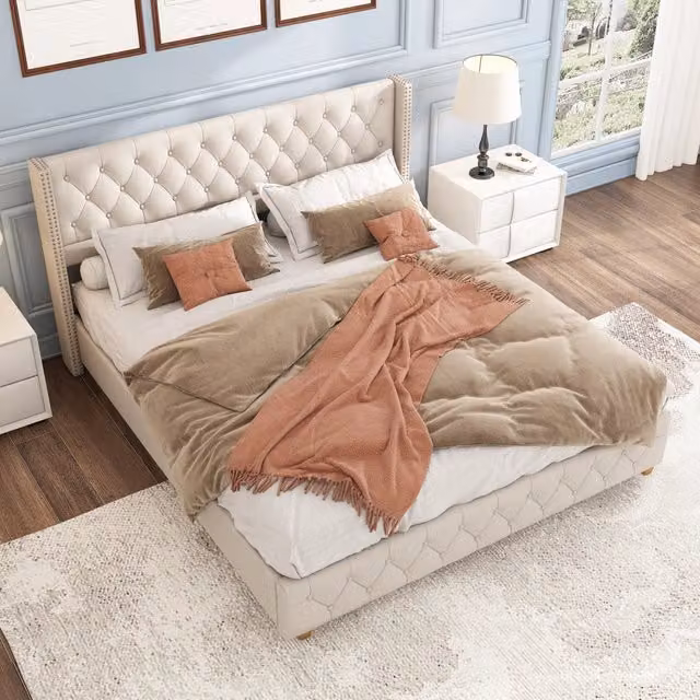 Letto matrimoniale imbottito OKWISH in tessuto beige, L/P/H: 160 x 200 x 108 cm