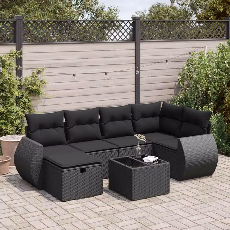 Set Divano da Giardino a L vidaXL con 7 Pezzi, Polyrattan Nero e Cuscini Imbottiti