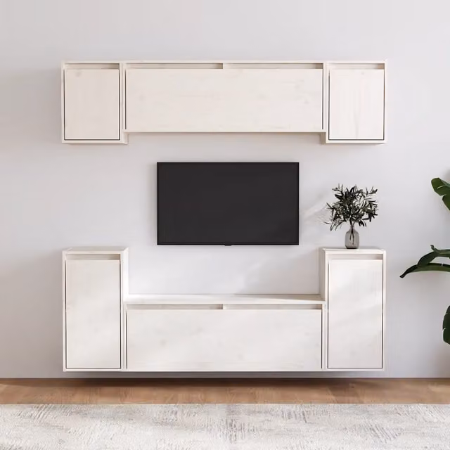 Mobili Porta TV 6 pz-Credenza per TV Bianchi in Legno Massello di Pino