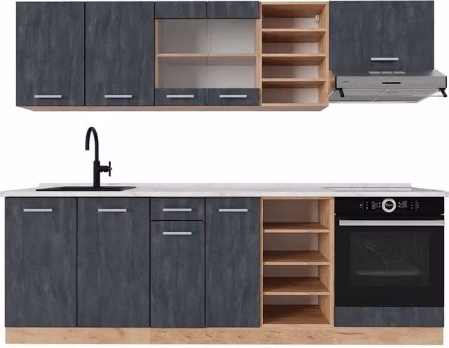 Cucina componibile moderna R-Line Vicco, Calce nera e Rovere dorato, L: 240 cm – 1