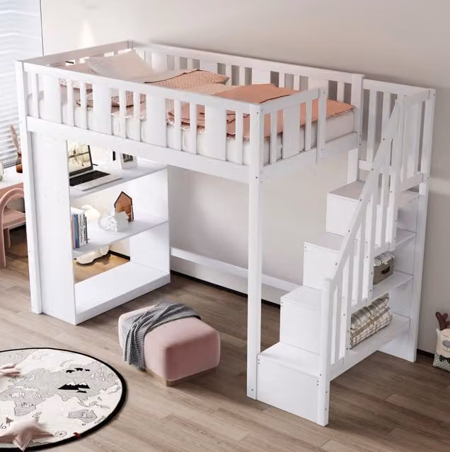 Letto a soppalco con scala contenitore; telaio in pino massello; 90 x 200 cm; bianco