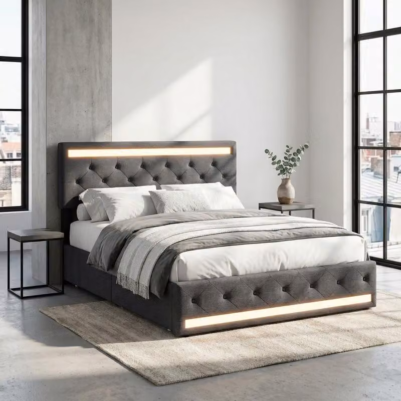 Letto matrimoniale ProximaX 140x200 cm in lino grigio, letto imbottito con LED RGB, 4 cassetti, funzione di ricarica USB