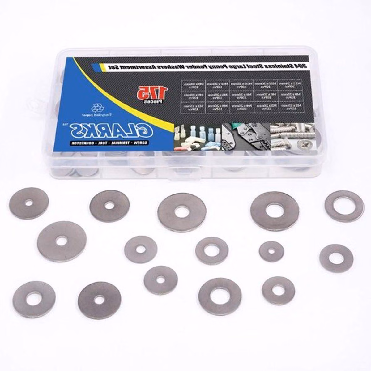 Set di 175 rondelle a molla in acciaio inossidabile, di grandi dimensioni, adatte per fissaggi e supporti, con le seguenti dimensioni: M3, M4, M5, M6, M8, M10, M12