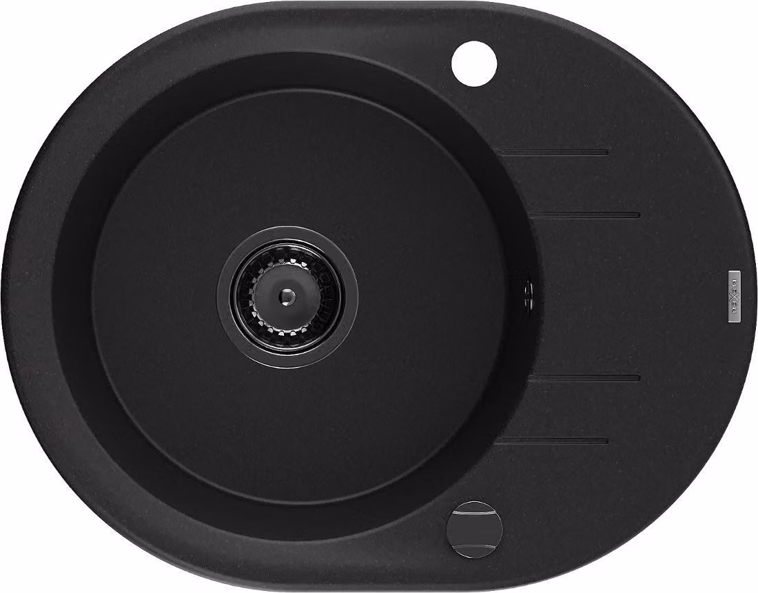 Mexen Kevin lavello in granito 1-vasca con sgocciolatoio 586 x 458 mm, nero, sifone nero - 6517581005-77-B