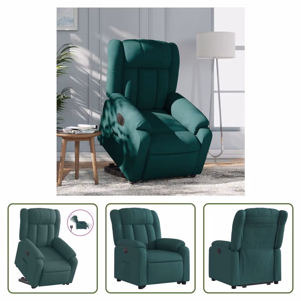 The Living Store Poltrona relax con ausilio per l'alzata Elettrica Tessuto verde scuro