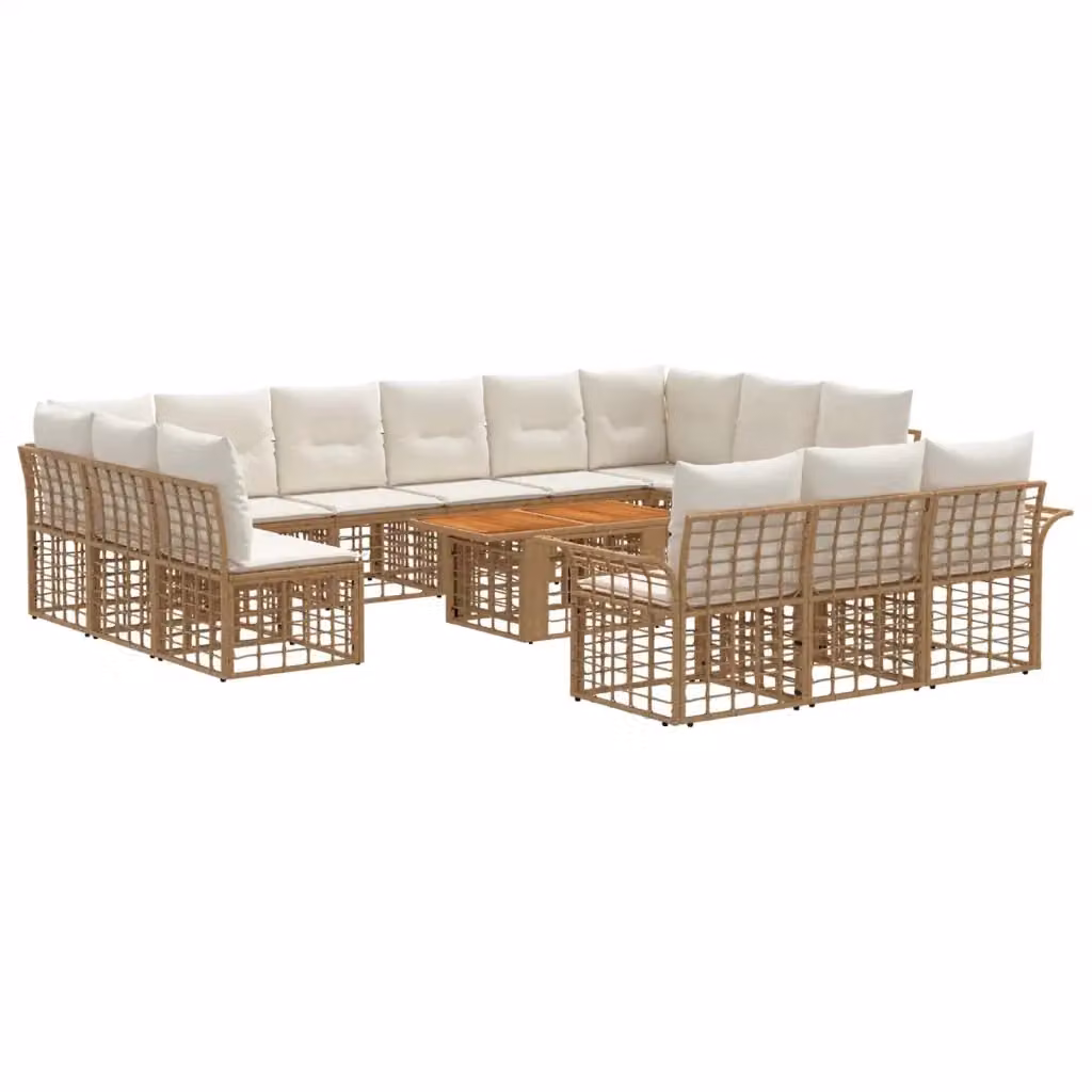 Set Divano da Giardino a L vidaXL in Polyrattan con Tavolino e Cuscini, 14 Pezzi, Naturale e Bianco Crema – 2