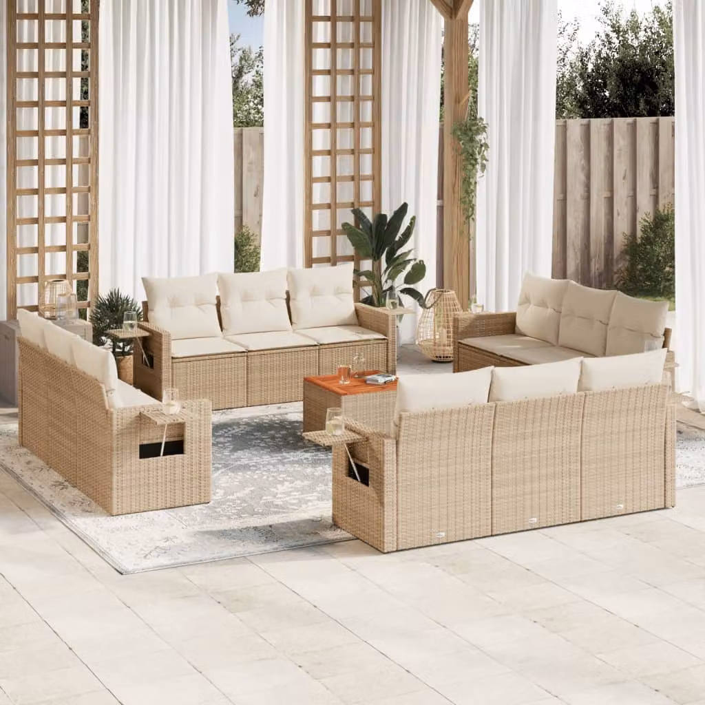 vidaXL Set Divano da Giardino 13 pz in Polyrattan Beige con Cuscini e Tavolino da Esterno – 1