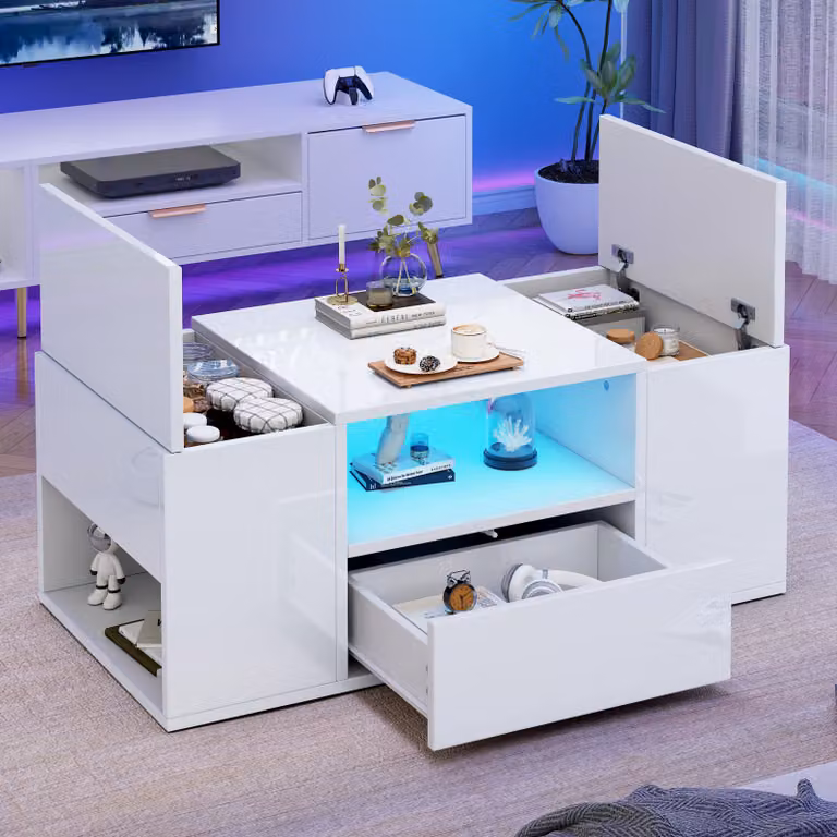 MODFU Tavolino da salotto bianco con strisce luminose a LED, tavolino lucido con due armadietti, 6 scomparti e un cassetto, 100 x 50 x 40 cm