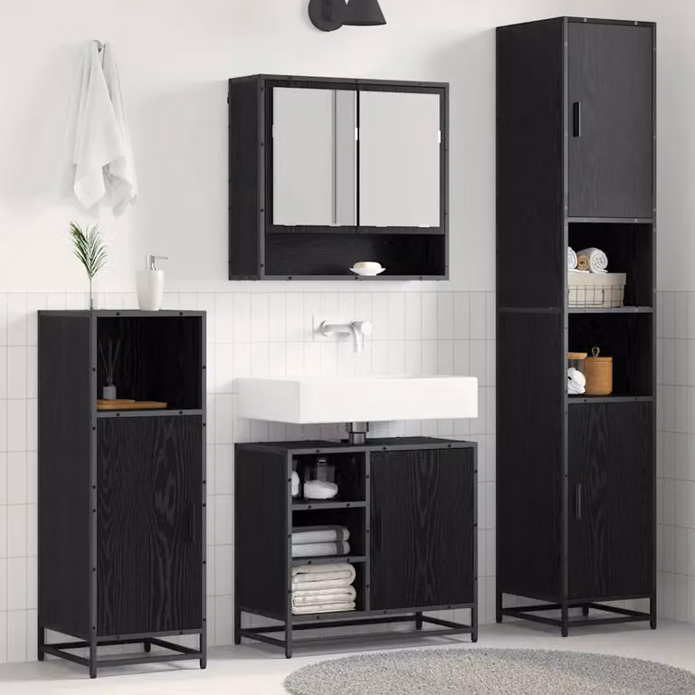 Set di mobili per il bagno moderno vidaXL in 3 pezzi, Rovere e Nero, con armadietto a specchio, mobile lavabo e colonna alta, L/P/H: 60.0 x 53.32 x 120.0 cm