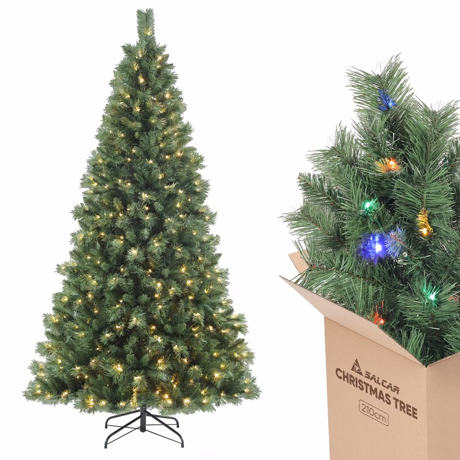 Albero di Natale artificiale Salcar da 210 cm con illuminazione, 2 colori di luce (bianco caldo/colorato), albero di Natale a LED con telecomando incluso