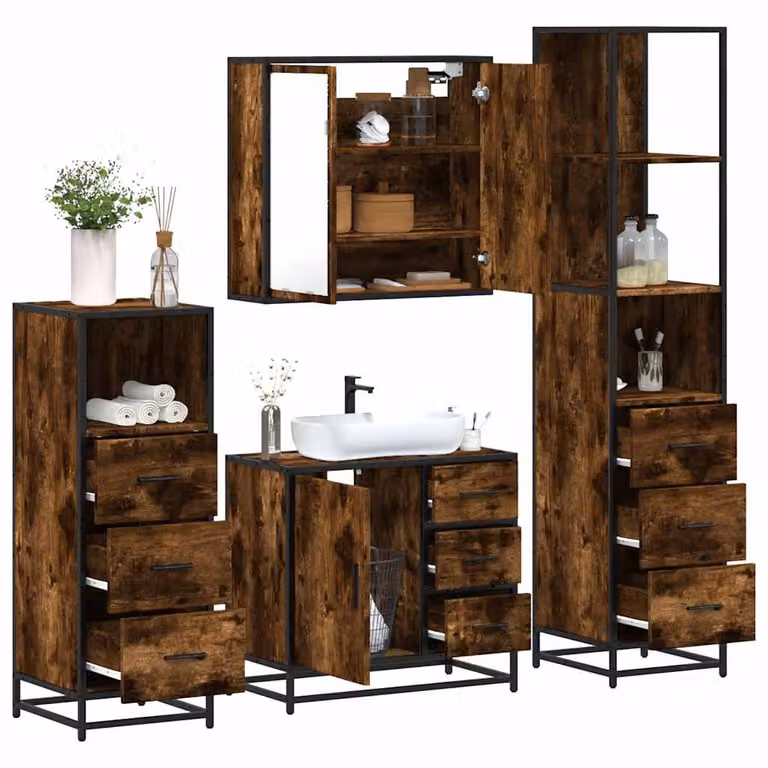 Set di mobili da bagno industrial vidaXL in legno e metallo marrone composto da armadietto con specchio, mobile lavabo, mobile laterale e colonna alta