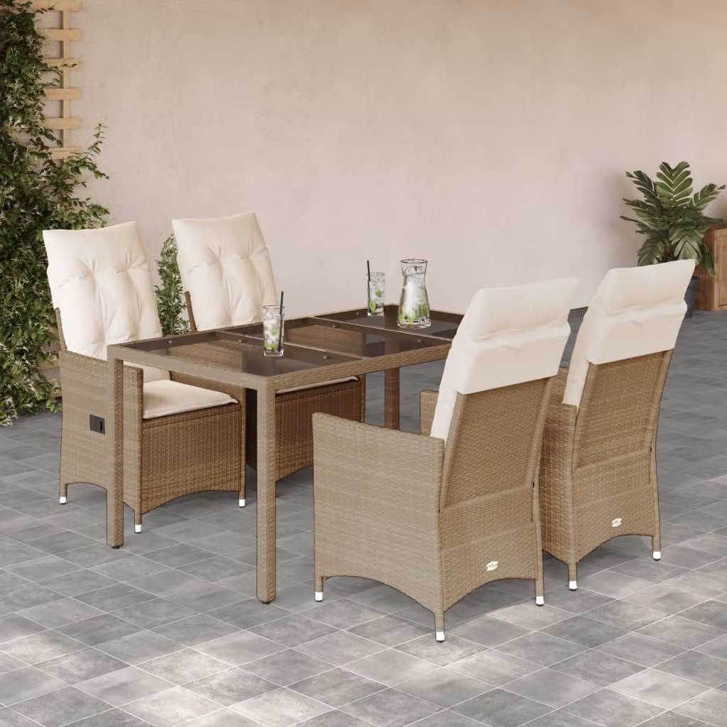 Set da Pranzo da Giardino vidaXL 5 pz in Polyrattan con Cuscini Beige e Tavolo in Vetro – 1