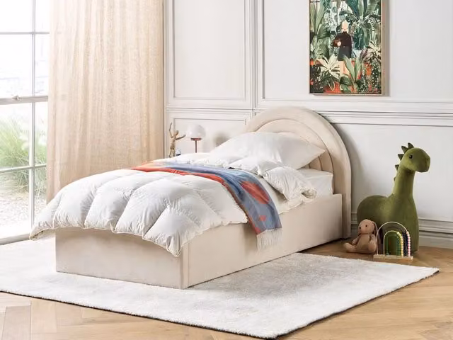 Letto Singolo con Contenitore BELIANI in Velluto Beige con Testiera a Mezza Luna Design Retro L/P/H: 90 x 200 x 110 cm