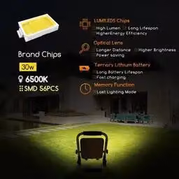 Lampada da lavoro LED ricaricabile, grado di protezione IP65 – 30 W, 1000 lumen – 6500 K, luce bianca simile alla luce diurna – Autonomia fino a 12 ore